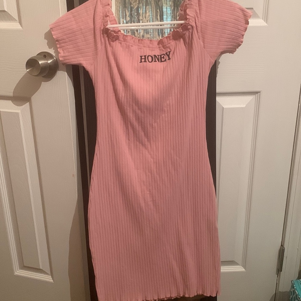 Pink and Off the shoulder mini dress. Stretchy .Size L. Tight fitted.